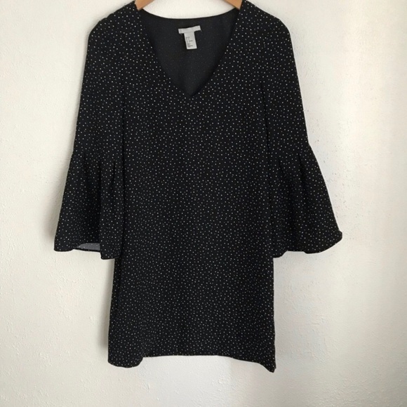 H&M Flare Sleeve Mini Shift Dress in Swiss Dot Black Brown - Picture 2 of 9